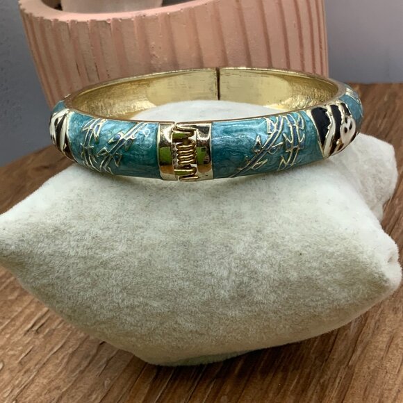 Cloisonne Vintage Blue Enamel Gold Tone Panda Hinged Bangle - Picture 3 of 6